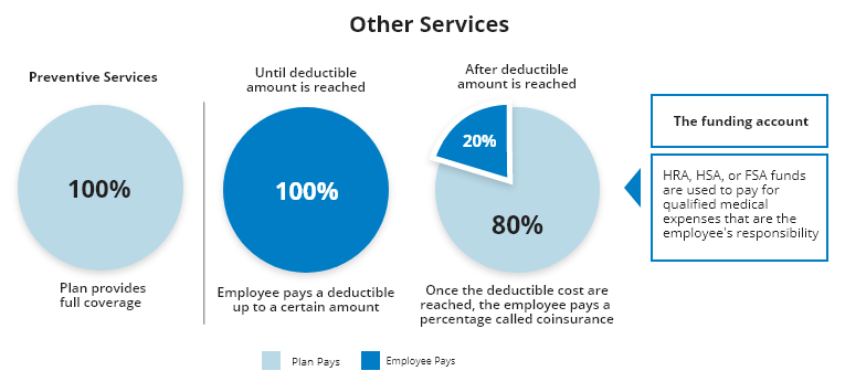 The plan provides 100% coverage of preventative services. The employee pays 100% of other services until their deductible is reached. Once the deductible costs are reached, the employee pays a percentage called coinsurance.